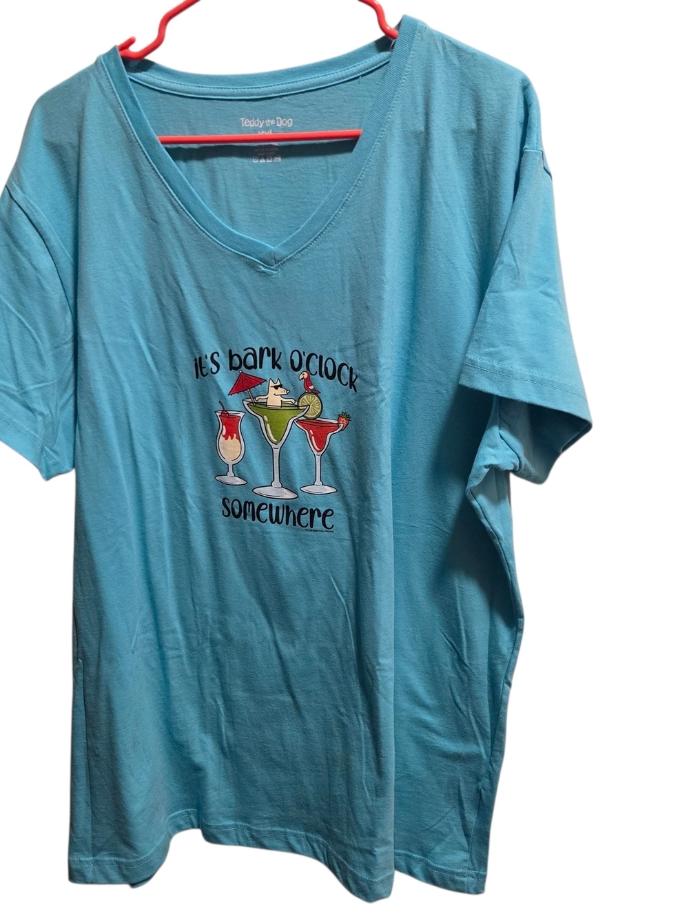 Teal 'It's Bark O'Clock Somewhere' Graphic V‑Neck Tee 100% Cotton Teddy The Dog